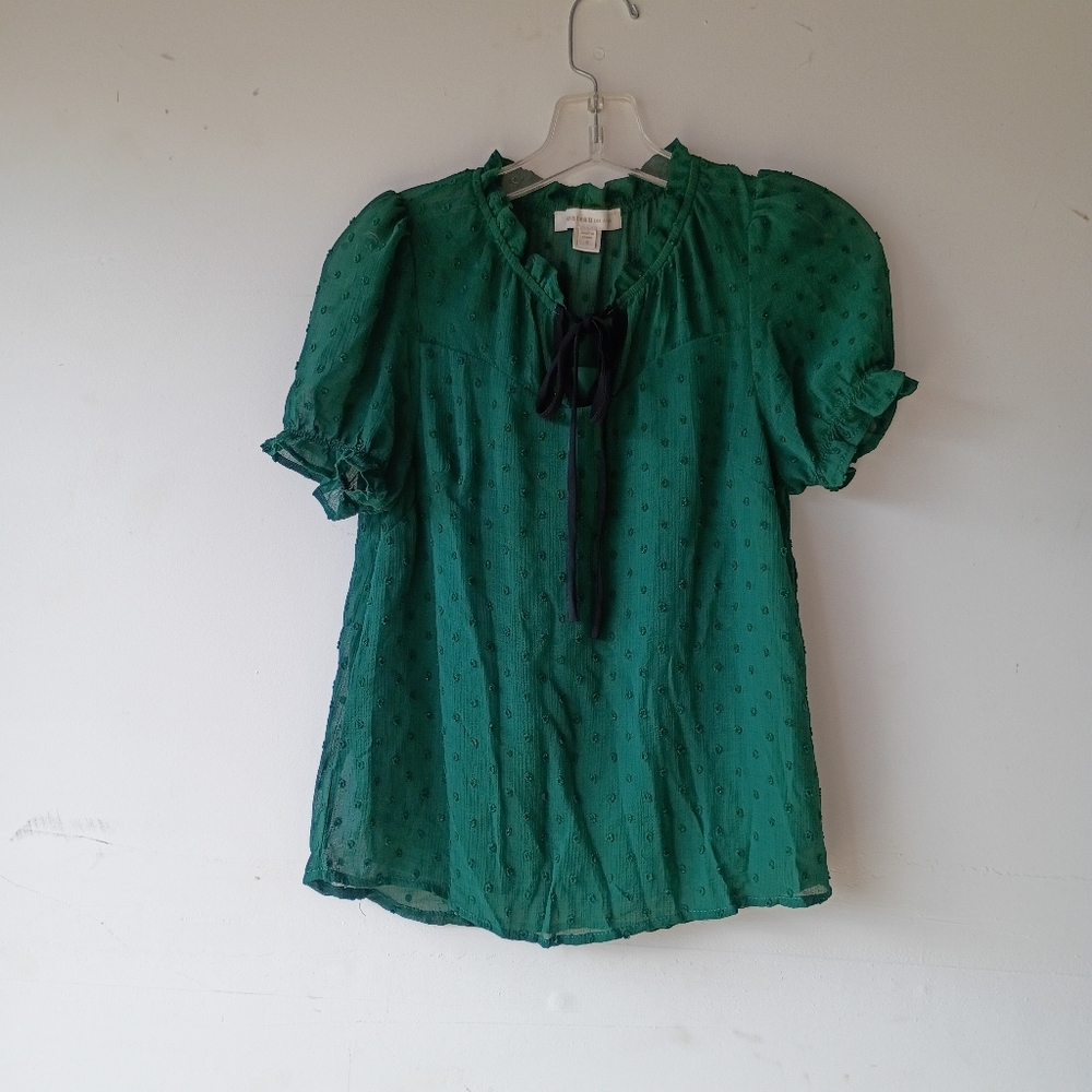 Monteau Los Angeles Green Swiss Dot Puff Sleeve Tie Neck Blouse Size Small